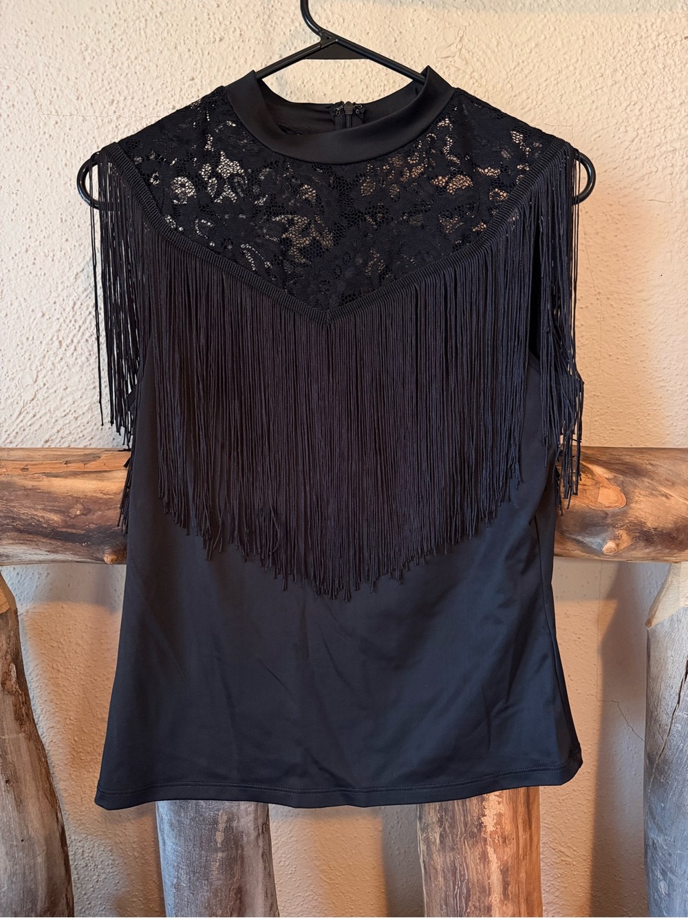 Black Lace Fringe Mock Neck Camisole